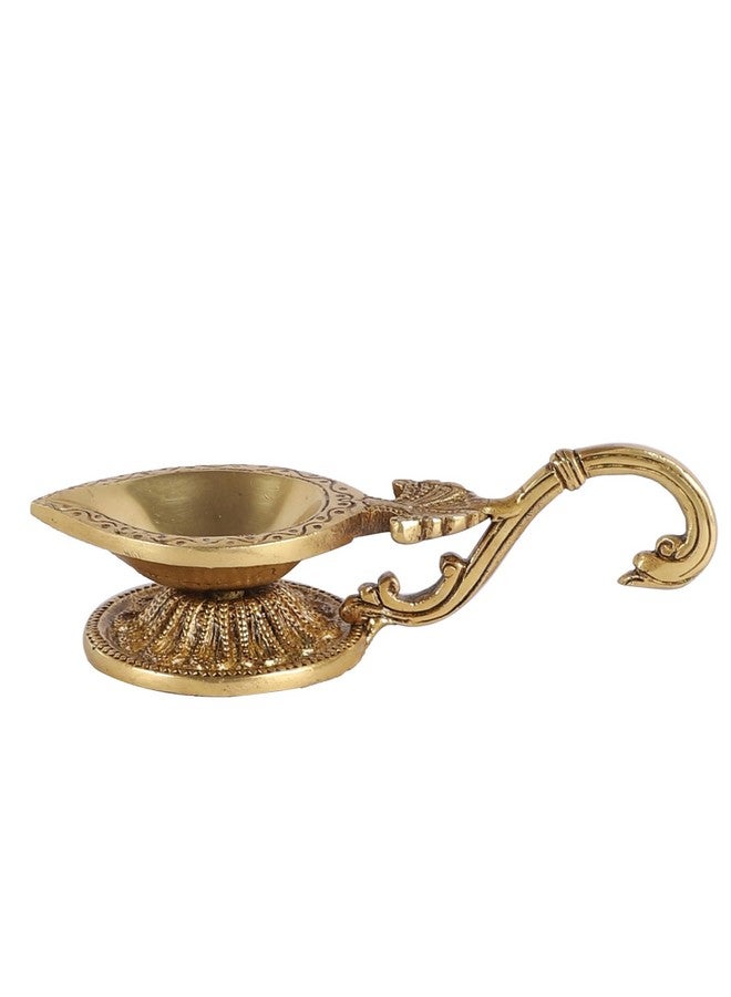 Two Moustaches Ethnic Handcarved Brass Diya with Curved Handle, Brass Diyas for Pooja , Diyas for Home Decor , Gift for House Warming , Golden , Standard , Pack of 1 - Image 3