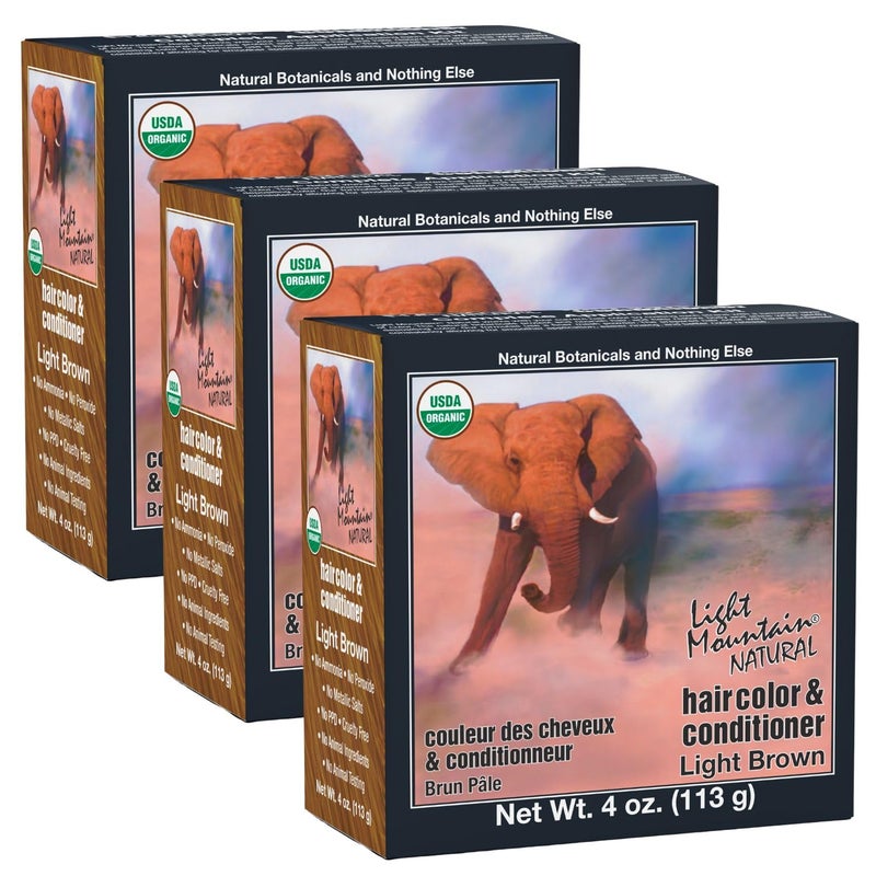صبغة شعر الحناء من لايت ماونتن بلون بني فاتح للرجال والنساء مسحوق أوراق الحناء العضوي والنباتات خالي من المواد الكيميائية لون شعر شبه دائم 4 أونصات عبوة من 3
