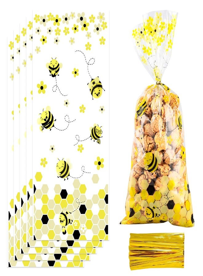 Resflyar 110 Pack Bee Party Cellophane Treat Bags Honey Bee Plastic Candy Goodie Gift Favors Bags with 110 Twist Ties for Kid Birthday Baby Shower Party Supplies - Image 1