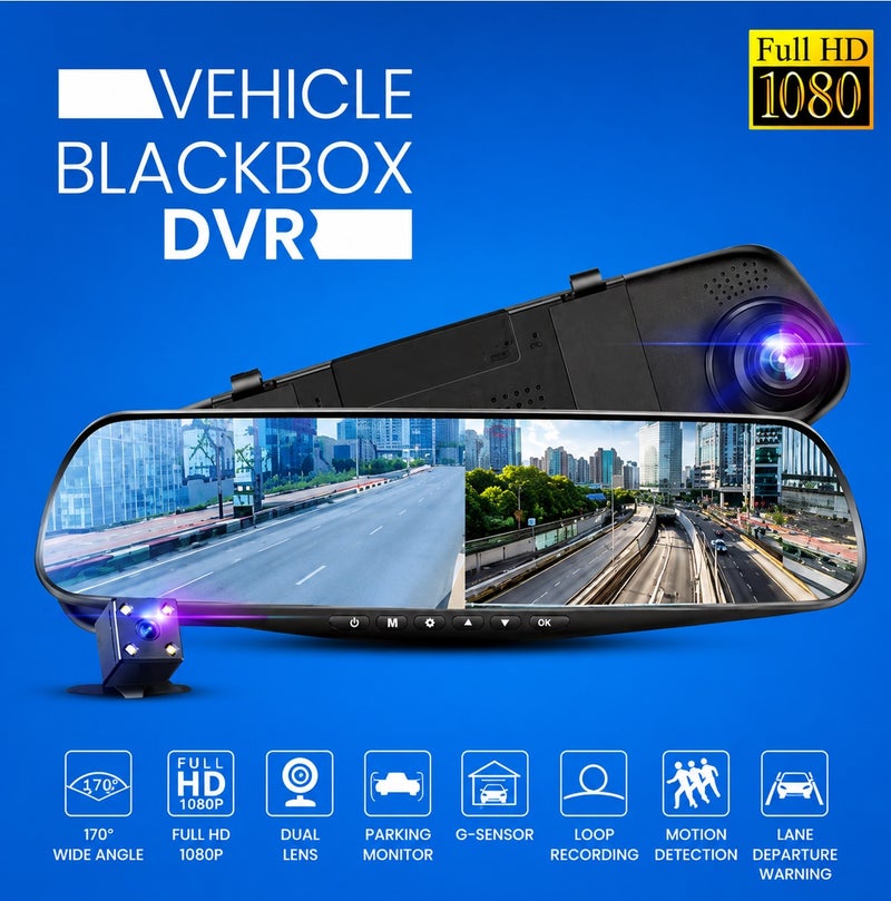 1080P Vehicle Blackbox DVR Rear View Mirror Dash Camera, Dual Lens Car Driving Recorder, HD Rearview Mirror Camera with Night Vision, Parking Monitor, Loop Recording, G-Sensor, Wide Angle Lens, Motion Detection, Car DVR Video Recorder - Image 1