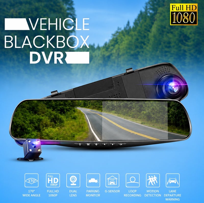 1080P Vehicle Blackbox DVR Rear View Mirror Dash Camera, Dual Lens Car Driving Recorder, HD Rearview Mirror Camera with Night Vision, Parking Monitor, Loop Recording, G-Sensor, Wide Angle Lens, Motion Detection, Car DVR Video Recorder - Image 2