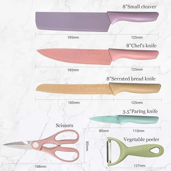 VPGS Kitchen Knife Set of 6 with Chopping Board in Gift Box with Cleaver Knife Chef Knife Bread Knife Paring Knife Scissors Peeler Colourful Stainless Steel Blades with Non Slip PP Straw Handles - Image 5