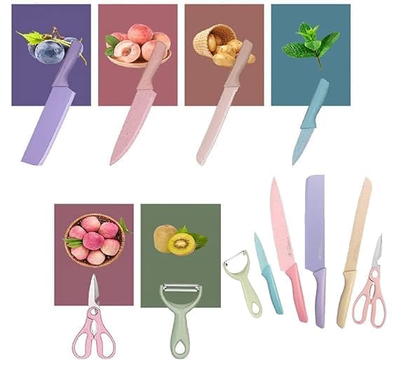 VPGS Kitchen Knife Set of 6 with Chopping Board in Gift Box with Cleaver Knife Chef Knife Bread Knife Paring Knife Scissors Peeler Colourful Stainless Steel Blades with Non Slip PP Straw Handles - Image 3