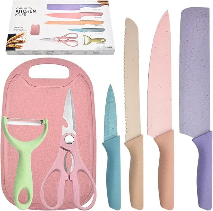VPGS Kitchen Knife Set of 6 with Chopping Board in Gift Box with Cleaver Knife Chef Knife Bread Knife Paring Knife Scissors Peeler Colourful Stainless Steel Blades with Non Slip PP Straw Handles - Image 1
