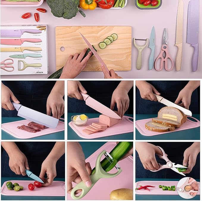 VPGS Kitchen Knife Set of 6 with Chopping Board in Gift Box with Cleaver Knife Chef Knife Bread Knife Paring Knife Scissors Peeler Colourful Stainless Steel Blades with Non Slip PP Straw Handles - Image 4