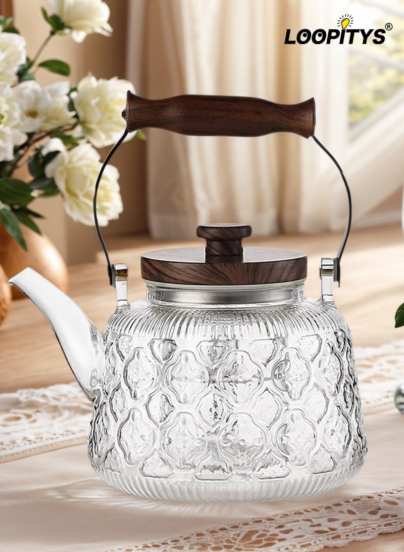 LOOPITYS 1000ml glass teapot with detachable filter and wooden lid, borosilicate glass teapot for boiling tea (transparent) - Image 1