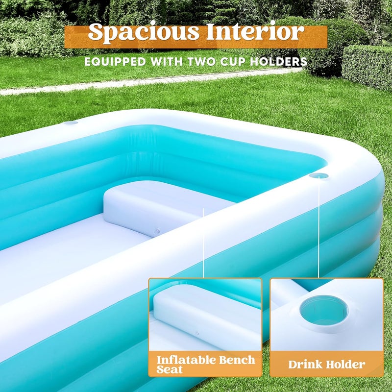 Sloosh Inflatable Pool for Adults with Seats, 130" x 72" x 22" Full-Sized Blow Up Durable Thickened Above Ground Family Pool, Large Swimming Pools for Backyard Garden Lawn Summer Water Party, Cyan - Image 3