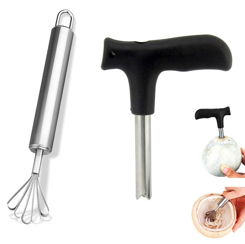 Baskety Coconut Opener Knife Stainless Steel Tool Set Coconut Drill for Straw Hole with Meat Removal Knife (2 Piece Set) - Image 1