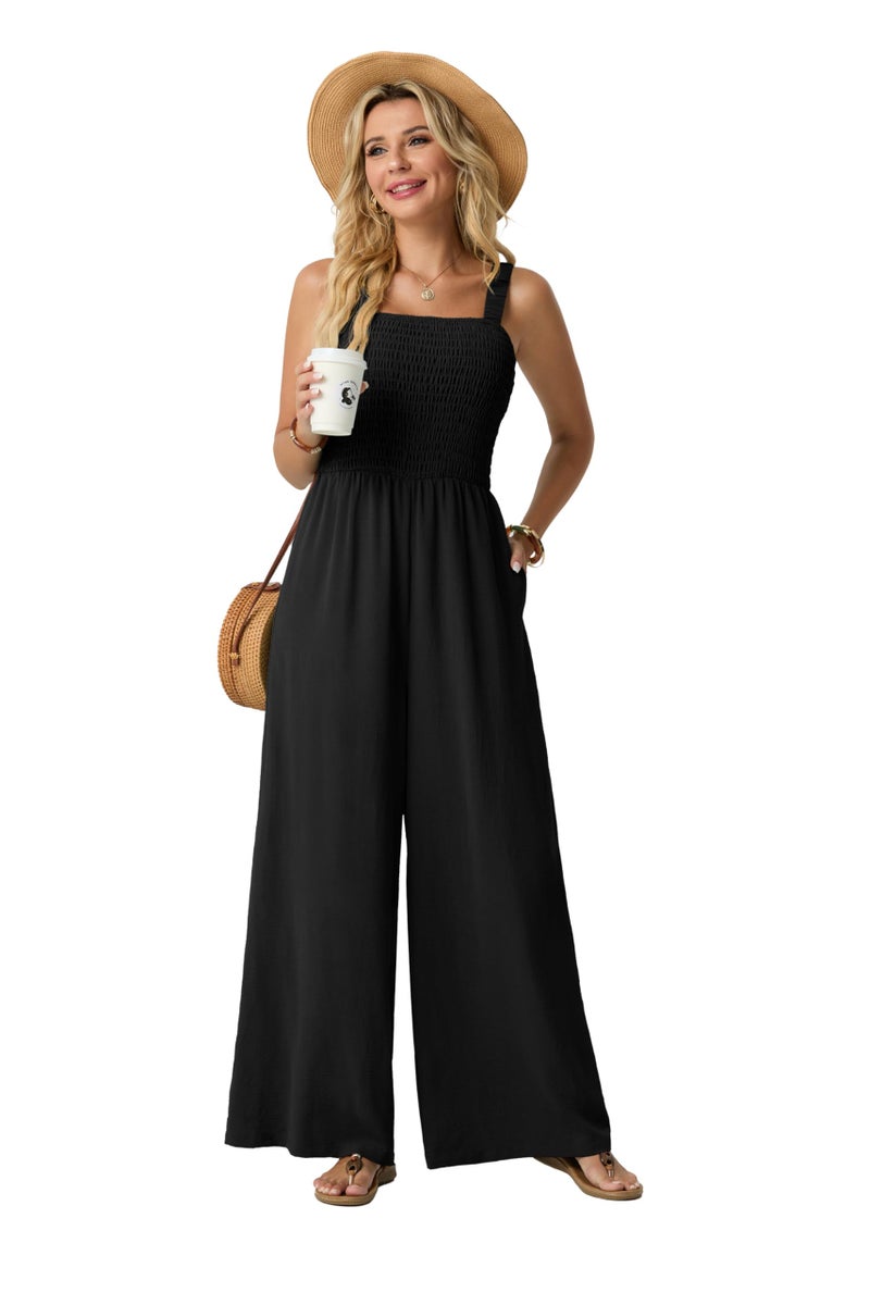 Lepunuo Jumpsuits for Women Casual One Piece Overalls Smocked Wide Leg Long Rompers With Pockets Beach Vacation - Image 2