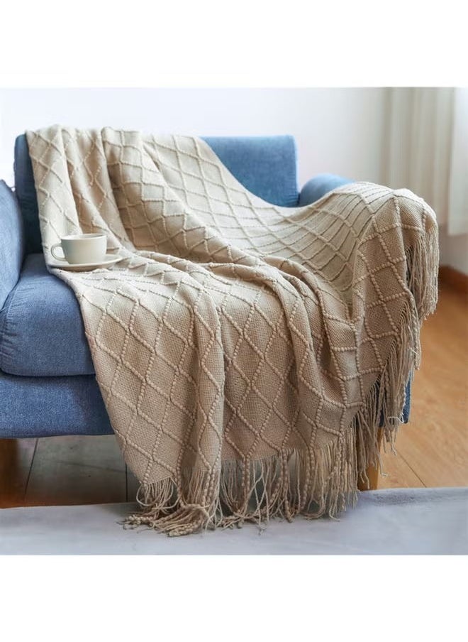 Beauenty Tassel Design Soft Blanket Keep Warm Cotton Beige 127 x 172cm  - Image 2