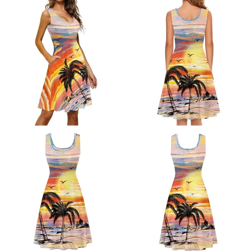 Dreaweet Sunset Palm Tree Print Matching Hawaiian Outfits for Couples,Womens Casual Summer Sleeveless A Line Crewneck Dress and Mens Hawaiian Shirts Button Up Shirt - Image 4