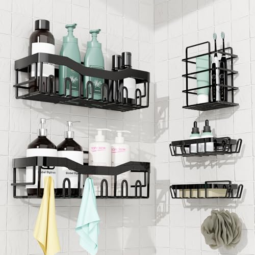 Global Digitronix GD Adhesive Shower Caddy 5 Pack – Rustproof Stainless Steel No-Drill Bathroom Organizer Shelves with Large Capacity, Waterproof Storage Racks for Shower, Kitchen, Dorm, Apartment, and Home - Image 1