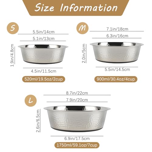kathson Stainless Steel Cat Bowls 3 PCS Hammered Metal Dog Bowls with Rubber NonSlip Base Pet Dishes for Water and Food Dishwasher Safe for Feeding Small to Medium Sized Pets71in - Image 3