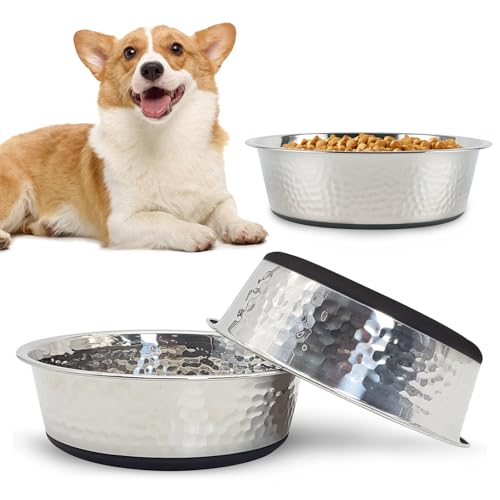 kathson Stainless Steel Cat Bowls 3 PCS Hammered Metal Dog Bowls with Rubber NonSlip Base Pet Dishes for Water and Food Dishwasher Safe for Feeding Small to Medium Sized Pets71in - Image 1
