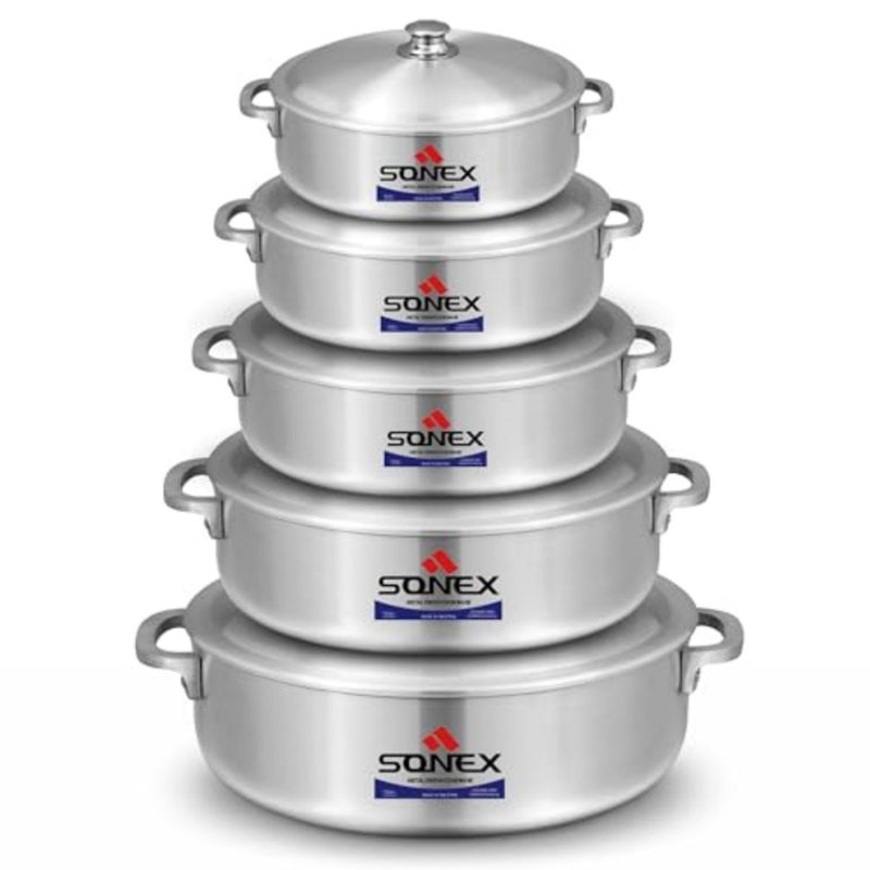 SONEX Imperial Aluminium Caldero Set 10 Pcs 5 Pots + 5 Lids,Shallow Cooking Pots, 20 32 cm (2.5L 9L), Even Heat Distribution, Heavy Duty, Gas, Electric, Ceramic and Halogen Compatible - Image 1