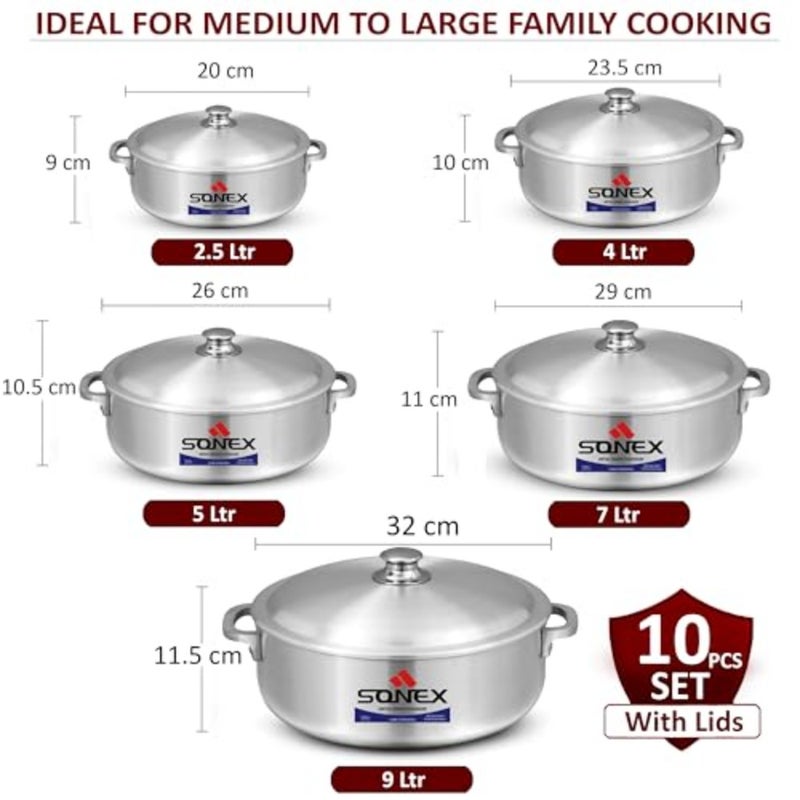 SONEX Imperial Aluminium Caldero Set 10 Pcs 5 Pots + 5 Lids,Shallow Cooking Pots, 20 32 cm (2.5L 9L), Even Heat Distribution, Heavy Duty, Gas, Electric, Ceramic and Halogen Compatible - Image 3