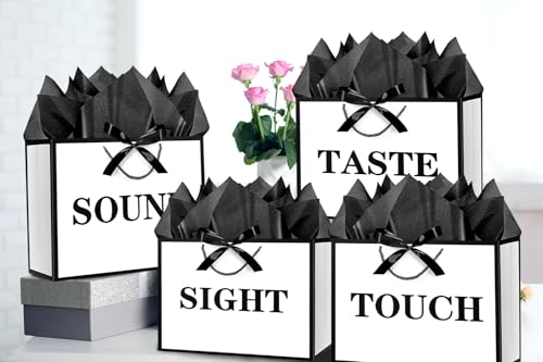 JWSCYSY 11" Medium 5 Senses Gift Bags with Tissue Papers and Ribbons for Men, Women, Him Her Birthday, Anniversary, Wedding, Valentine's Day (White Black) - Image 4