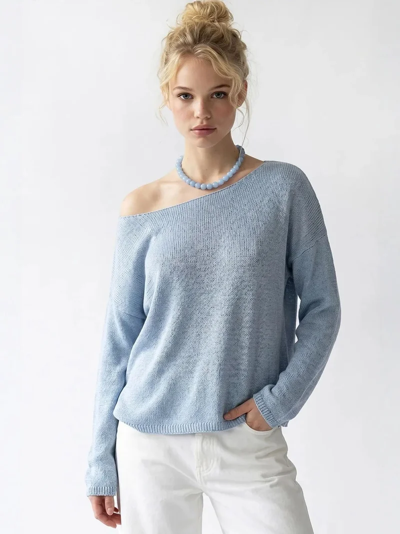 Mixray Baby Blue MIXRAY Oversized Boat Neck Knit Sweater for Women | Best Price UAE