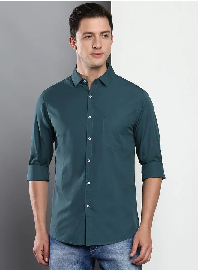 دينيس لينغو Men's Slim Fit Peacock Blue Casual Cotton Spread Shirt