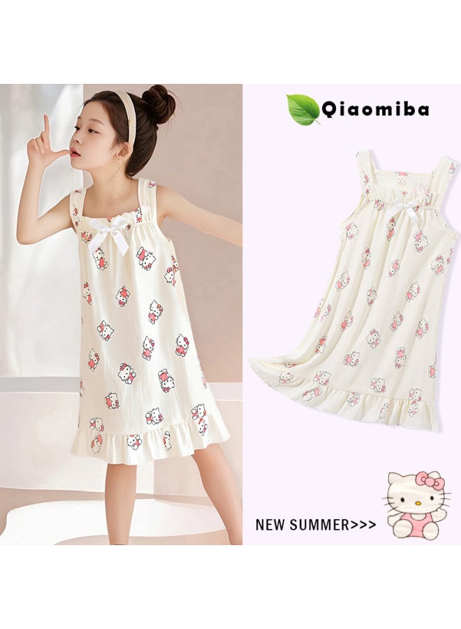Summer Girls' Children's Cloud Cotton Strap Cartoon Bow Nightdress Thin Style For Older Girls Home Dress