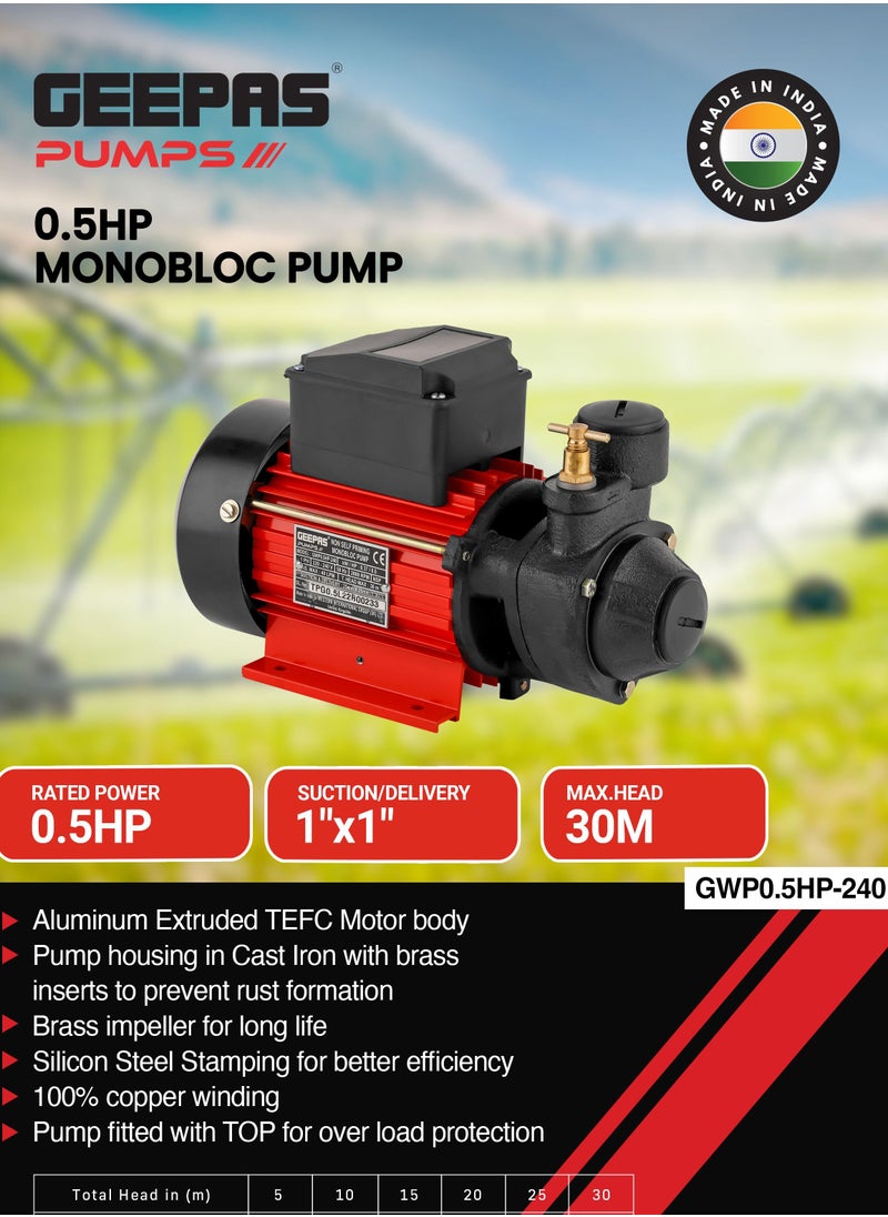 GEEPAS - مضخة جيباس أحادية الكتلة بقوة 0.5 حصان - GWP0.5HP-240، هيكل عالي الجودة، شفط/توصيل 1 بوصة × 1 بوصة، الحد الأقصى للرأس - 30 مترًا، مثالية لإمدادات المياه المنزلية والري ونظام تداول المياه، إلخ - Image 1