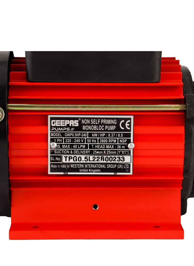 GEEPAS - مضخة جيباس أحادية الكتلة بقوة 0.5 حصان - GWP0.5HP-240، هيكل عالي الجودة، شفط/توصيل 1 بوصة × 1 بوصة، الحد الأقصى للرأس - 30 مترًا، مثالية لإمدادات المياه المنزلية والري ونظام تداول المياه، إلخ - Image 1