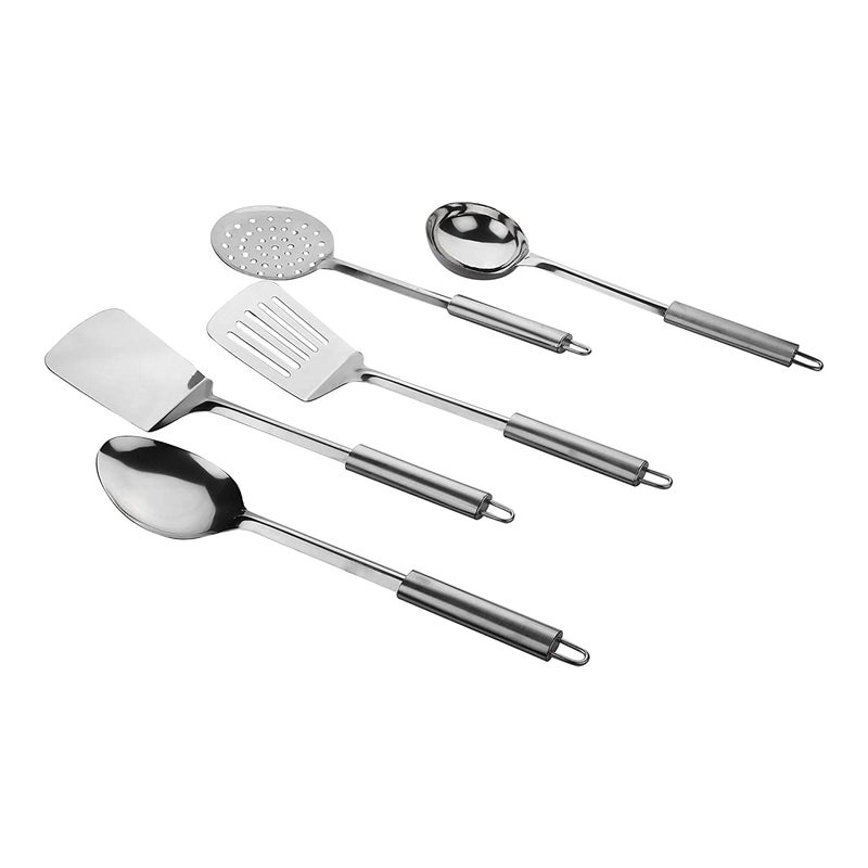 VOMI Kitchen Tools Stainless Steel Heavy Gauge 5 Piece Set of Ladle Karchhi Skimmer Jhara Solid Spoon Chamcha and Slotted TurnerSpatula Palta for CookingFryingStirringBasting - Image 3