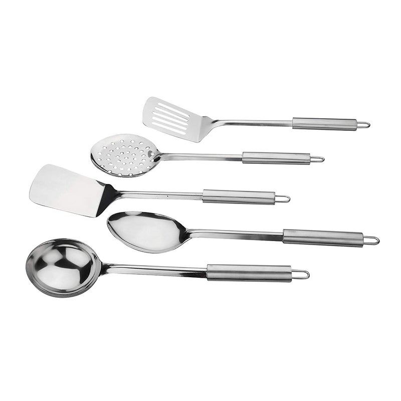 VOMI Kitchen Tools Stainless Steel Heavy Gauge 5 Piece Set of Ladle Karchhi Skimmer Jhara Solid Spoon Chamcha and Slotted TurnerSpatula Palta for CookingFryingStirringBasting - Image 2