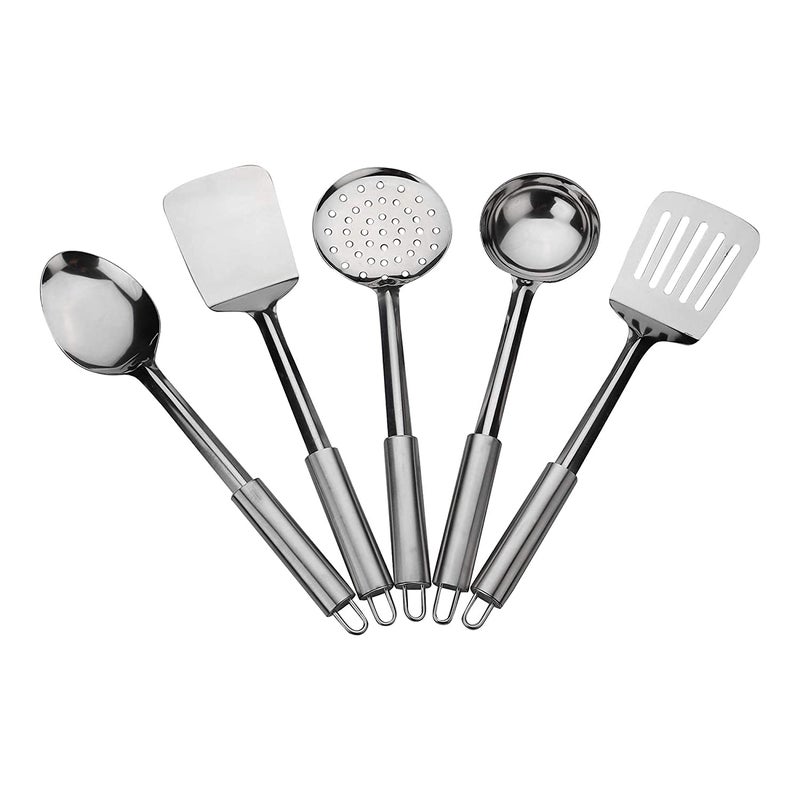 VOMI Kitchen Tools Stainless Steel Heavy Gauge 5 Piece Set of Ladle Karchhi Skimmer Jhara Solid Spoon Chamcha and Slotted TurnerSpatula Palta for CookingFryingStirringBasting - Image 1
