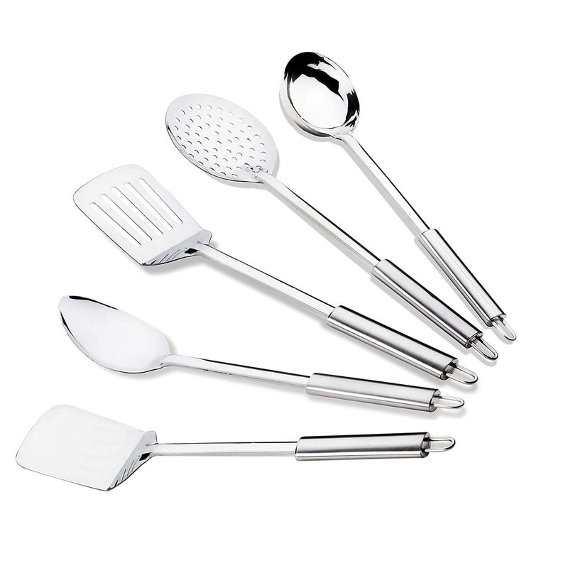 VOMI Kitchen Tools Stainless Steel Heavy Gauge 5 Piece Set of Ladle Karchhi Skimmer Jhara Solid Spoon Chamcha and Slotted TurnerSpatula Palta for CookingFryingStirringBasting - Image 5