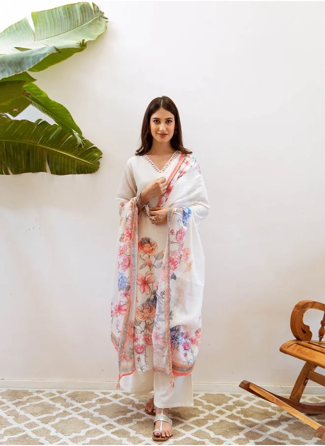 ISHIN Floral Printed Regular Thread Work Linen Straight Kurta With Palazzos & Dupatta