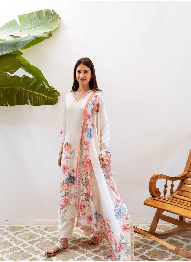 ISHIN Straight Fit Printed Pattern Round Neck Three-Quarter Sleeves Cream Colour Knitted Cotton Kurta Set for Women with Semi Elastic Closure - Designed with Style and Comfort