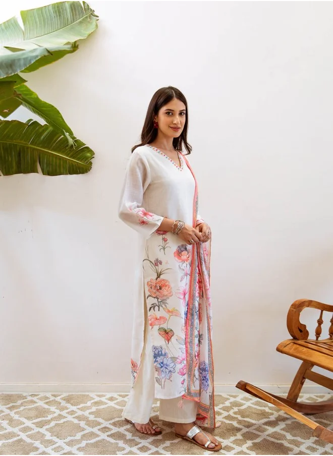 ISHIN Straight Fit Printed Pattern Round Neck Three-Quarter Sleeves Cream Colour Knitted Cotton Kurta Set for Women with Semi Elastic Closure - Designed with Style and Comfort