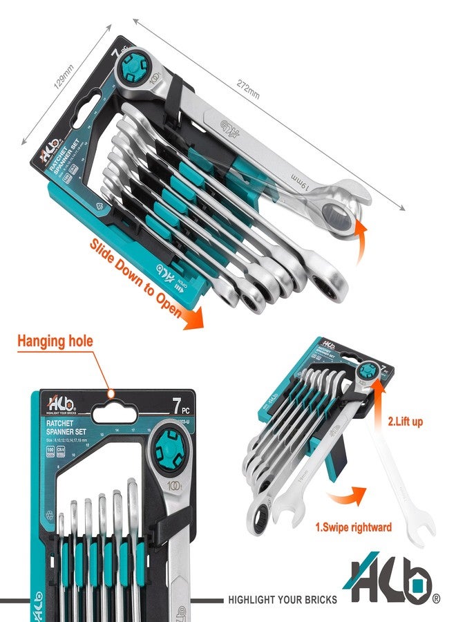HB 7-Piece Metric Ratchet Wrench Set WKM003-U | 100-Tooth 12-Point Box End 15° Offset | Pass-Through Design for Long Bolts | Chrome Vanadium Steel Matte Finish | Rack Organizer | Made in Taiwan - Image 2