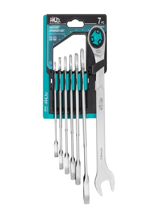 HB 7-Piece Metric Ratchet Wrench Set WKM003-U | 100-Tooth 12-Point Box End 15° Offset | Pass-Through Design for Long Bolts | Chrome Vanadium Steel Matte Finish | Rack Organizer | Made in Taiwan - Image 1