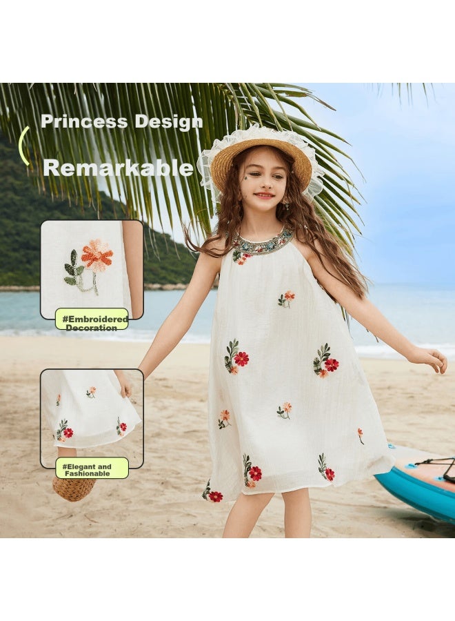Ask Junior Girls Summer Dress Lightweight Embroidered Sleeveless Dress Beach Vacation Children's Dress White - Image 3