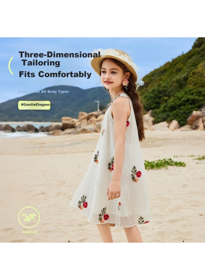 Ask Junior Girls Summer Dress Lightweight Embroidered Sleeveless Dress Beach Vacation Children's Dress White - Image 4