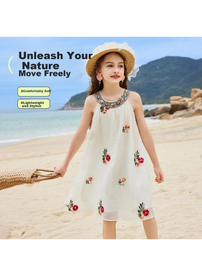 Ask Junior Girls Summer Dress Lightweight Embroidered Sleeveless Dress Beach Vacation Children's Dress White - Image 1