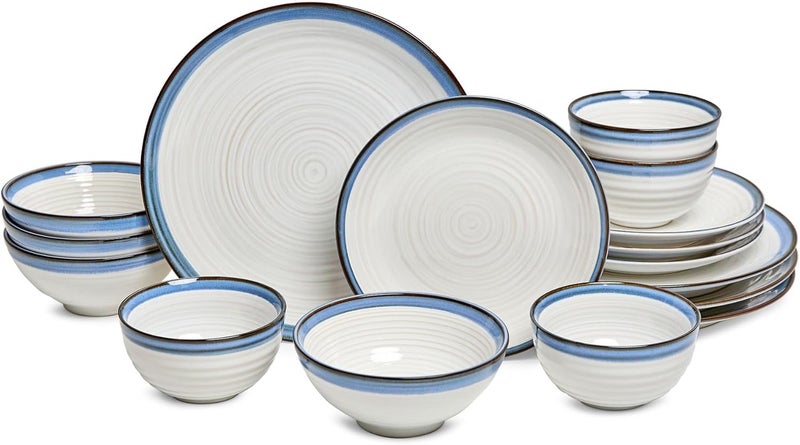 Sango Siterra Santorini 16Piece White Stoneware Dinnerware Set  Service for 4 Plate  Bowl Set Rustic White with Reactive Blue Glaze for Daily Dining  Entertainment Microwave  Dishwasher Safe - Image 1