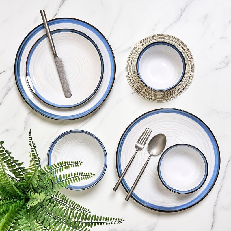 Sango Siterra Santorini 16Piece White Stoneware Dinnerware Set  Service for 4 Plate  Bowl Set Rustic White with Reactive Blue Glaze for Daily Dining  Entertainment Microwave  Dishwasher Safe - Image 2