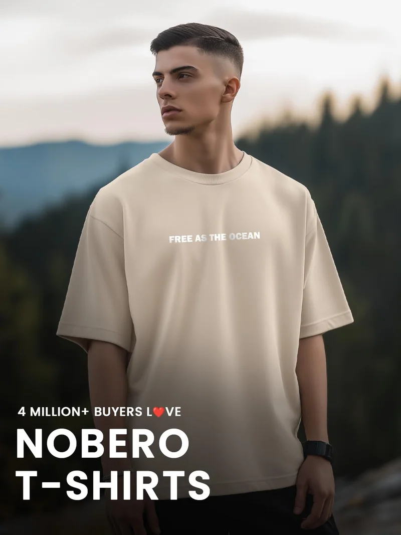NOBERO  NOBERO Men's Cream Cotton Oversized T-Shirt for Men | Best Price UAE