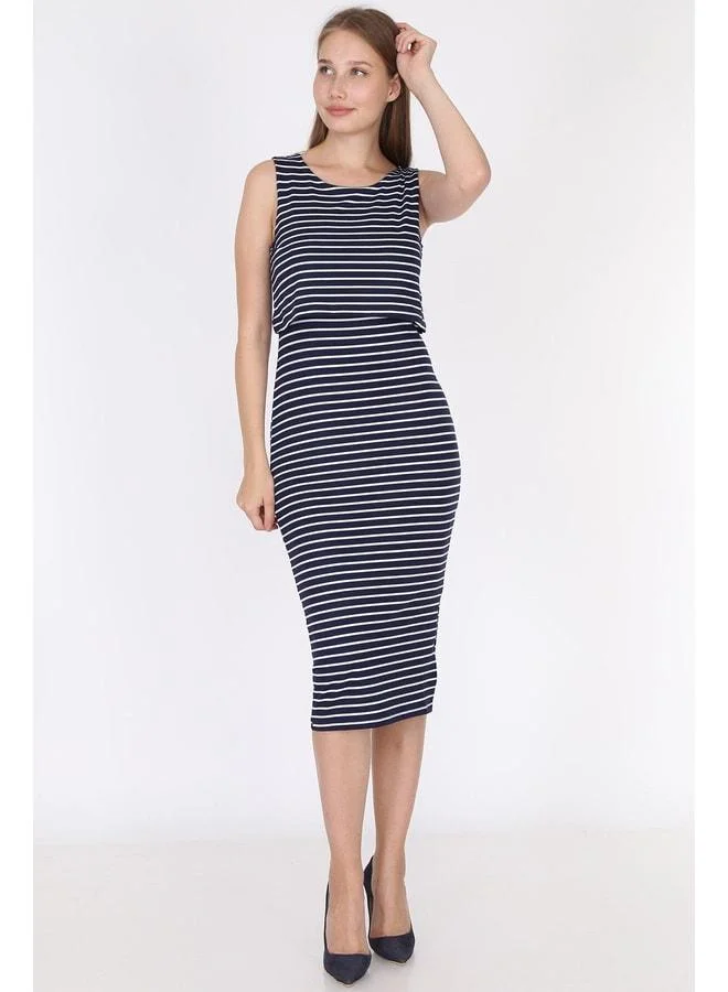 LuvmaBelly 5551 - Navy Blue Striped Sleeveless Slit Nursing Dress.