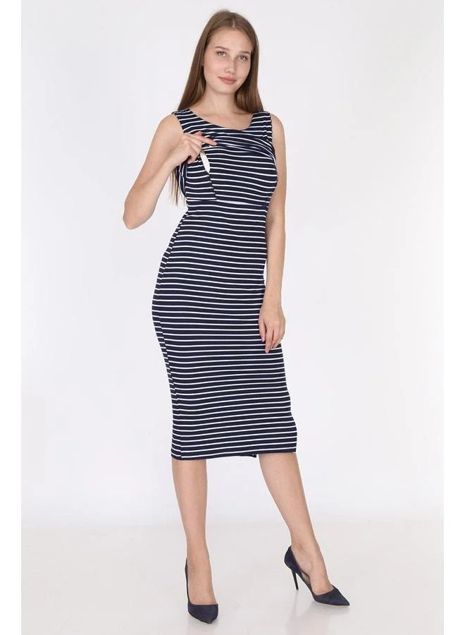 LuvmaBelly 5551 - Navy Blue Striped Sleeveless Slit Nursing Dress.