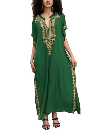 KECVOT Kaftan Dresses for Women Embroidered Short Sleeve V-neck Plus Size Caftan Bikini Swimsuit Cover-Up Long Beach Dress - Image 1