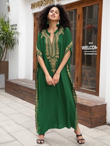 KECVOT Kaftan Dresses for Women Embroidered Short Sleeve V-neck Plus Size Caftan Bikini Swimsuit Cover-Up Long Beach Dress - Image 4