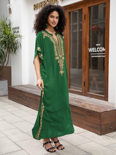 KECVOT Kaftan Dresses for Women Embroidered Short Sleeve V-neck Plus Size Caftan Bikini Swimsuit Cover-Up Long Beach Dress - Image 5