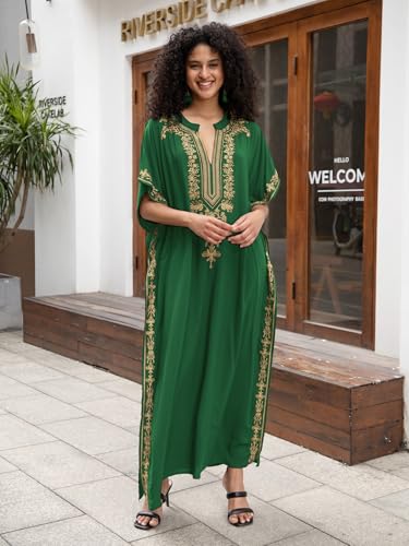 KECVOT Kaftan Dresses for Women Embroidered Short Sleeve V-neck Plus Size Caftan Bikini Swimsuit Cover-Up Long Beach Dress - Image 3