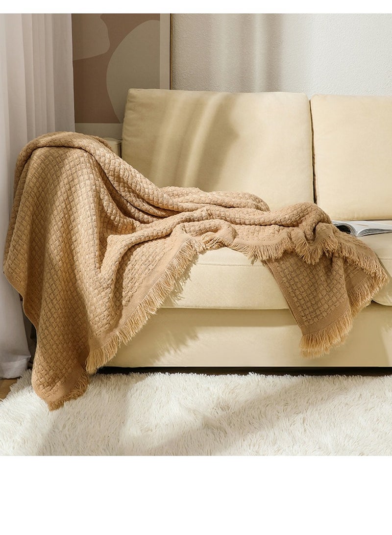 Loquat Solid Color Waffle Tassel Design Knitted Soft Throw Blanket Camel  - Image 1