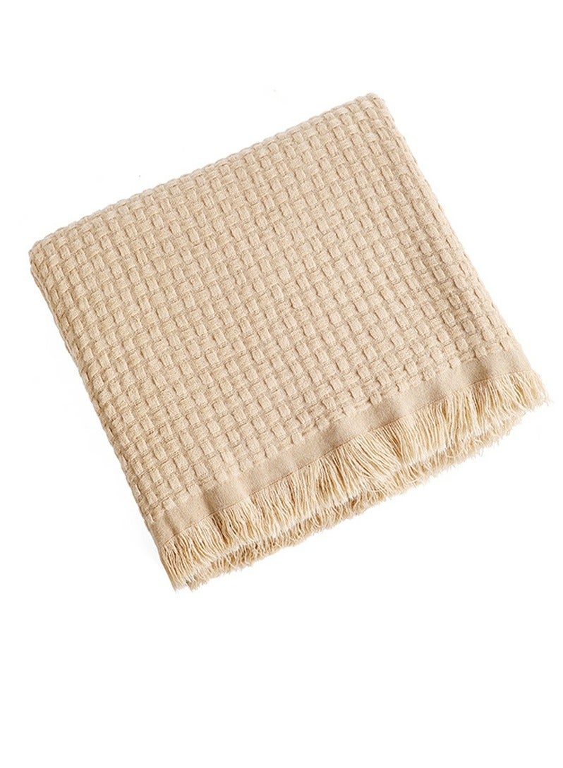 Loquat Solid Color Waffle Tassel Design Knitted Soft Throw Blanket Camel  - Image 3