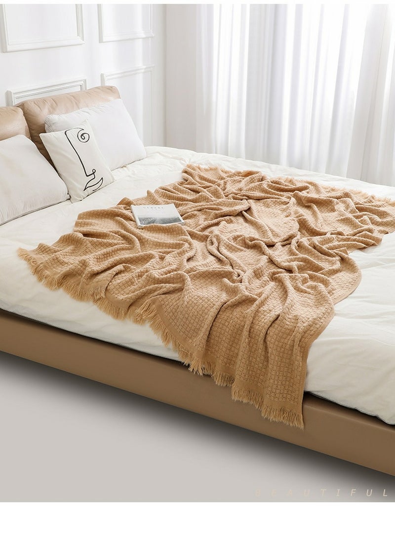Loquat Solid Color Waffle Tassel Design Knitted Soft Throw Blanket Camel  - Image 2